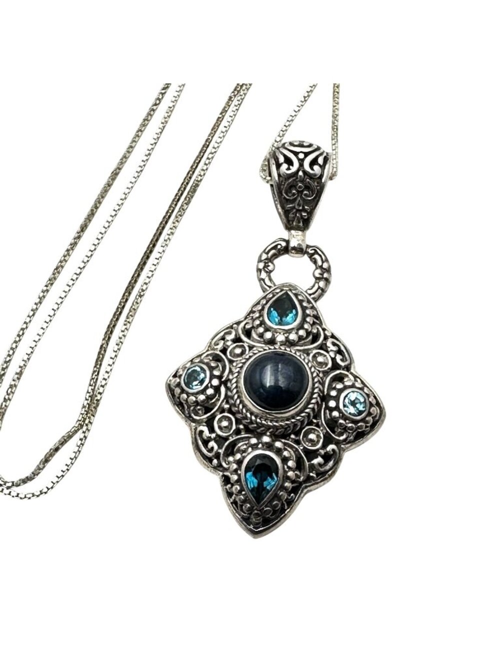 Sarda Blue Topaz Sapphire Sterling Silver Pendant Necklace 13 Grams 18 Inch Chai
